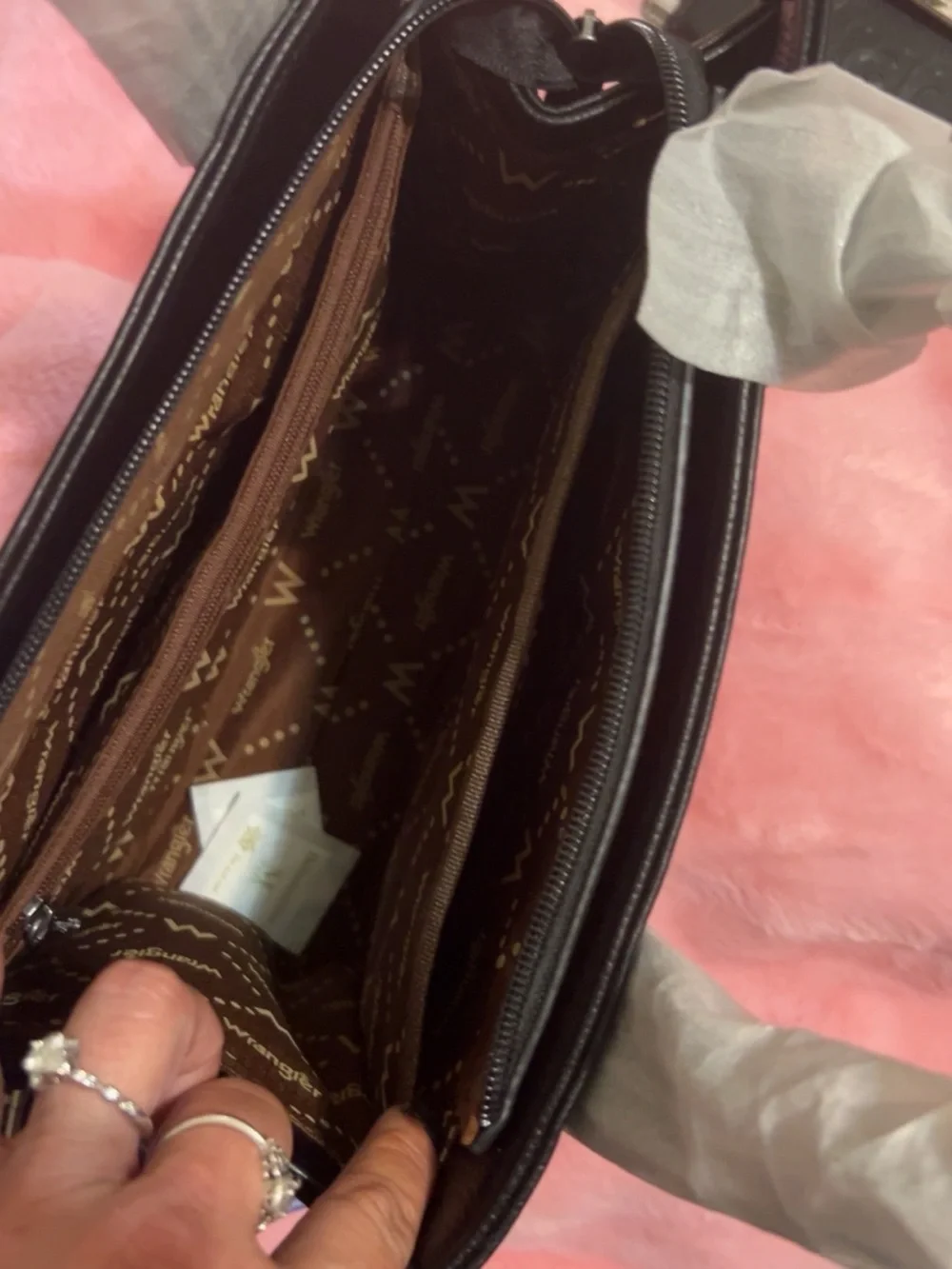 Wrangle Black & White Cow Print Tote with Matching Strap and a wrangler wallet